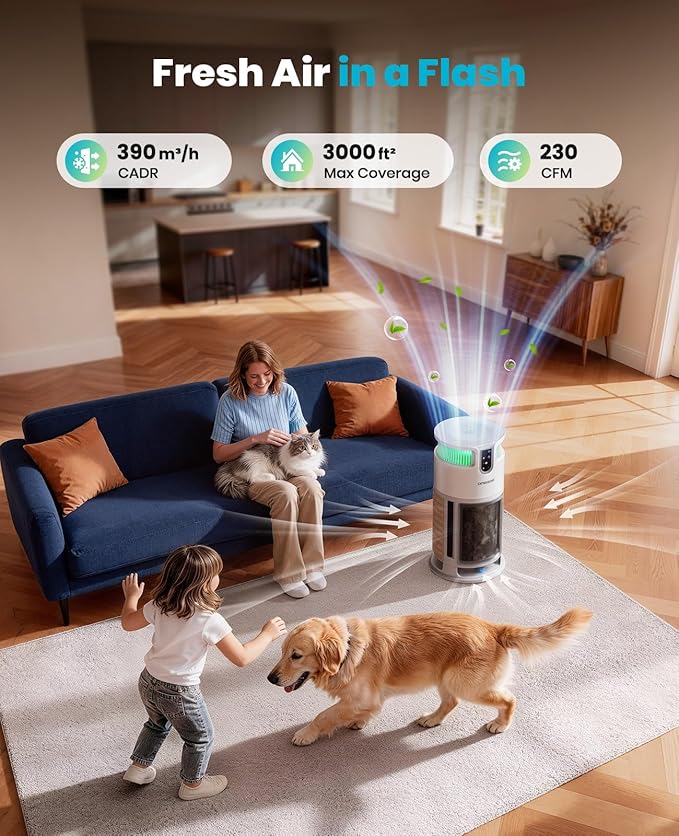 oneisall Pet Air Purifier for Home: Large Room 3000 Ft², H13 HEPA Washable Filter, 360° Airflow Visible Air Cleaner for Pet Hair, Odor Allergies Smoke Dust, PM2.5 Monitor,Auto Mode,Cat Toys,PP04