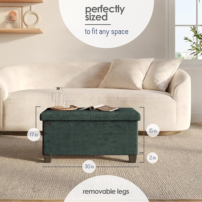 Storage Ottoman Bench with Bins, 30-in Storage Bench for Bedroom End of Bed, Folding Foot Rest Ottoman for Living Room Max 660lbs, Velvet Ottomans, Green