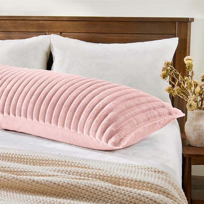 BEDELITE Fluffy Faux Fur Body Pillow Cover with Zipper, Luxury Plush 3D Striped Pillow Cover 20x54 Inches, Super Soft and Cozy Long Body Pillow Pillowcase for Bed Sofa Couch Room Decor(Pink)