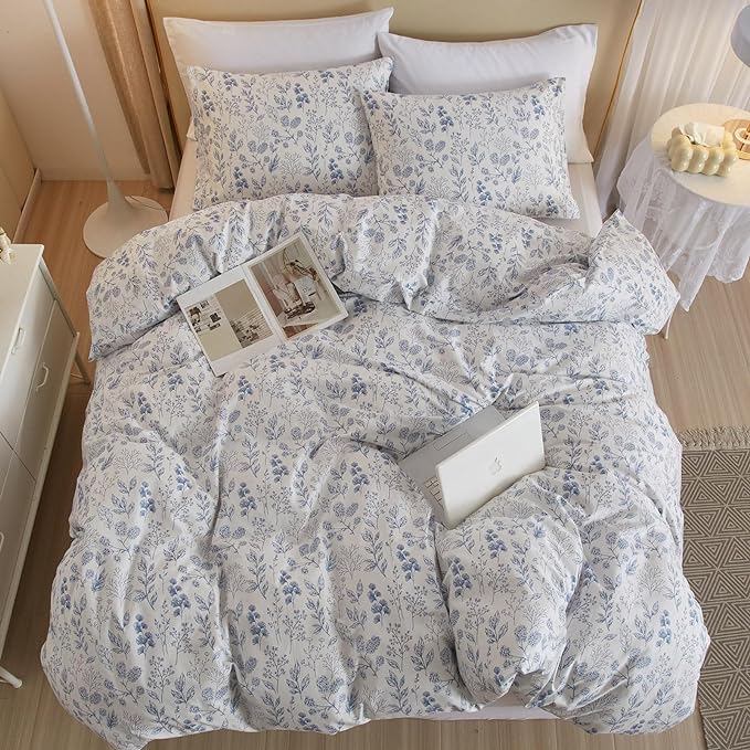 VM VOUGEMARKET Duvet Cover Full 3 PCS Blue Floral Bedding Set Botanical Printed on White Duvet Cover Soft Cotton Comforter Cover with Zipper Closure 4 Ties for Teen Girls-80x90 Inch