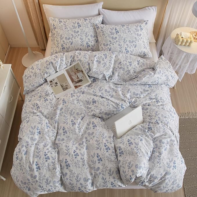 VM VOUGEMARKET 3 Pieces Blue White Duvet Cover Queen Floral Botanical Comforter Cover with Zipper Soft Cotton Cottagecore Bedding Set for Girls Women-90x90 Inch