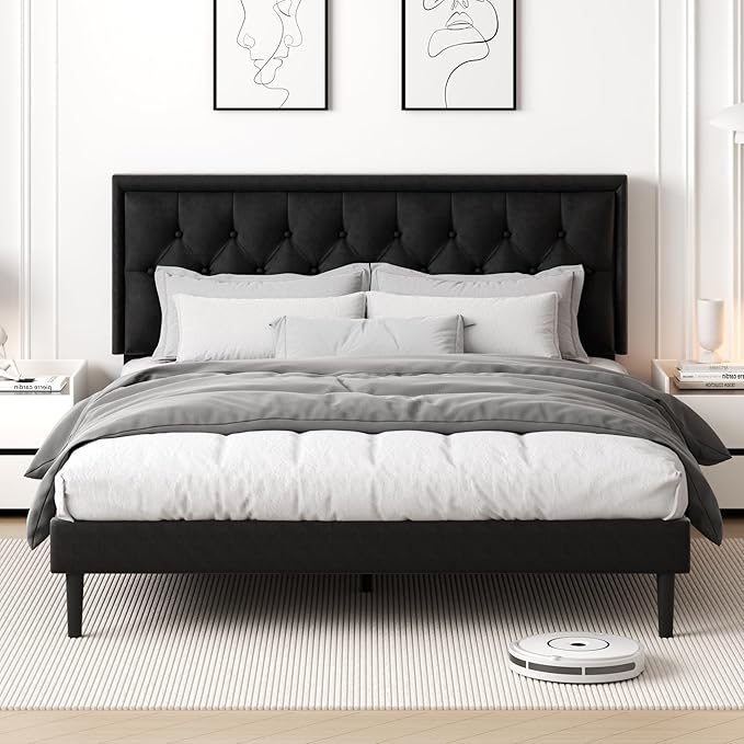 CXVX King Size Platform Bed Frame with Upholstered Velvet Button Tufted Headboard, Mattress Foundation with Wooden Slat Support, No Box Spring Needed, Easy Assembly, Noise Free, Black.