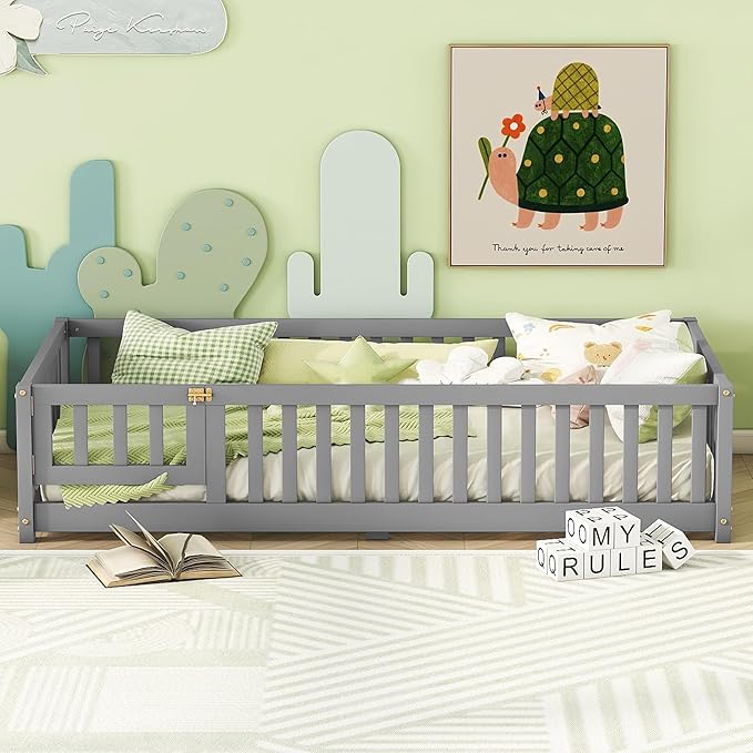 Bellemave Twin Floor Bed with Slats and Safety Guardrails, Kids Montessori Floor Beds with Fence and Door, Easy Assemble Floor Bed for Kids, Girls, Boys, Gray