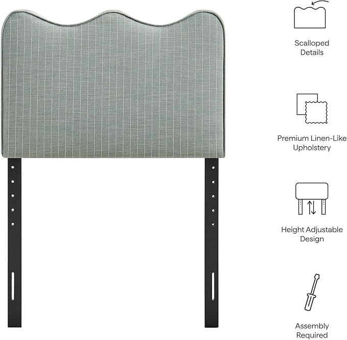 Monday Athena Striped Fabric Upholstered Twin Size Adjustable Headboard in Spa Blue Stripe - with Scalloped Wave Design and Soft Linen-Like Fabric