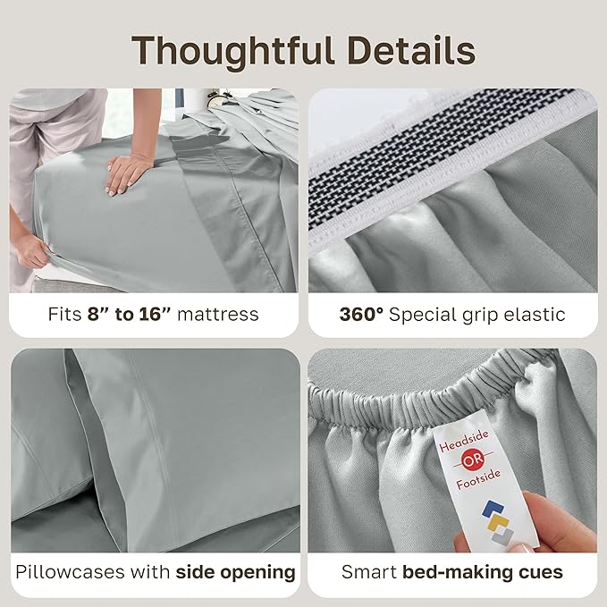California Design Den Queen Size Bed Sheets Set, 100% Cotton Bed Sheets - Buttery Soft 800 Thread Count Sateen, Deep Pockets Durable Bedding - Light Grey