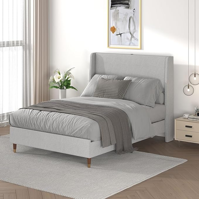 MALOL Full Size Bed Frame with Upholstered Headboard, Linen Fabric Platform Bed Frame with USB Charging Ports, No Box Spring Needed, Sturdy Metal Support, Noise Free, Modern Bedroom Furniture,Grey