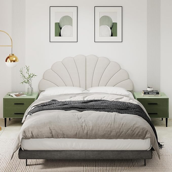 Befurtori Queen Size Headboard Only, Petal Wall Mount Headboard Queen/Full Size for Adjustable Bed Velvet Upholstered Head Board Easy Assembly, Cream