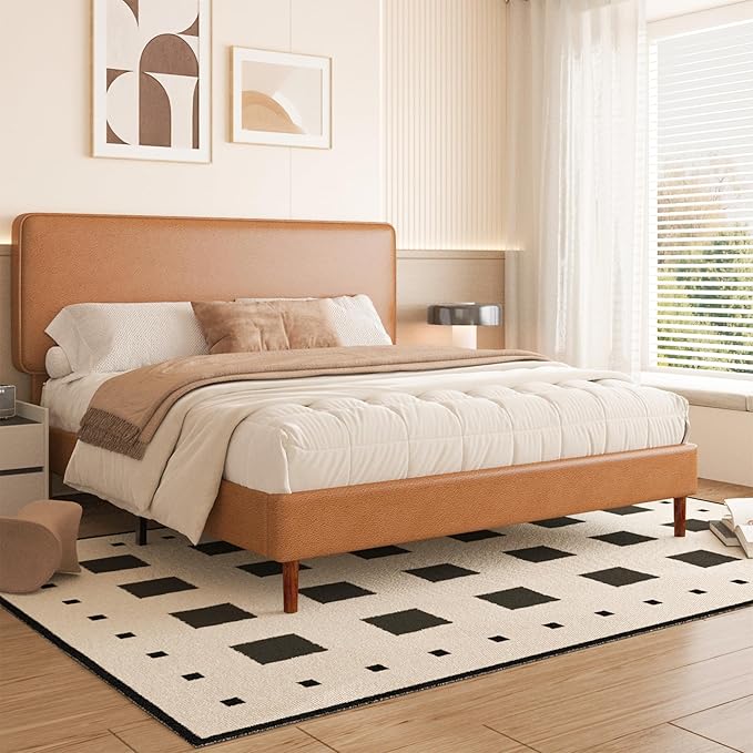 King Size Leather Platform Bed Frame with Adjustable Upholstered Headboard, Solid Wooden Legs, No Box Spring Needed, Easy Assembly, Noise Free, Orange-Brown