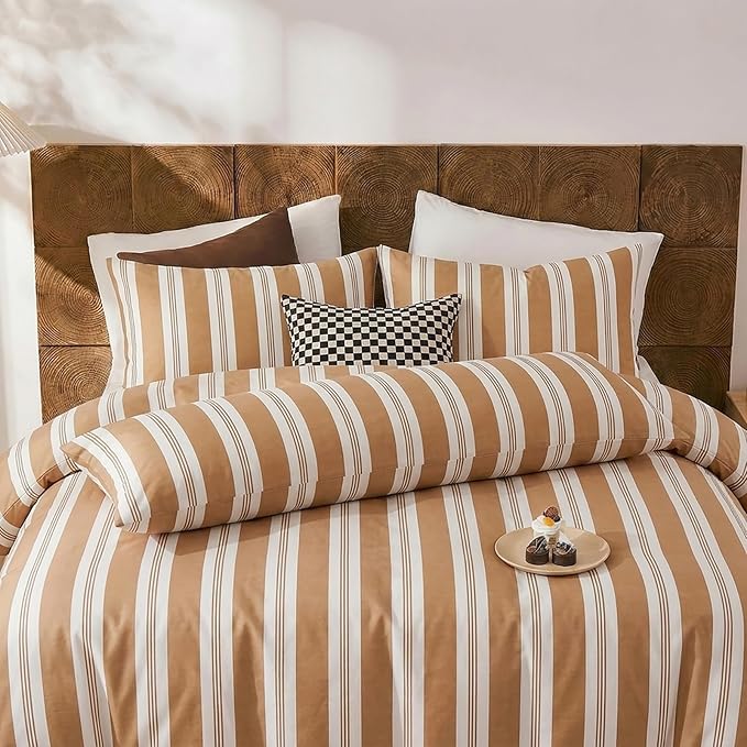Merryword Khaki Striped Pillowcases, 100% Cotton Pillow Cases, King Size Pillowcases, Luxury Linen Like Pillowcase, Soft Breathable Stripe Pillow Covers, Set of 2