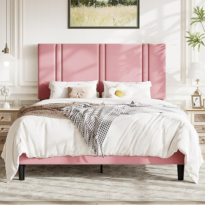 Allewie Queen Platform Bed Frame with Adjustable Headboard, Plush Velvet Upholstered, Vertical Channel Tufted, Sturdy Wooden Slats, No Box Spring Needed, Easy Assembly, Pink