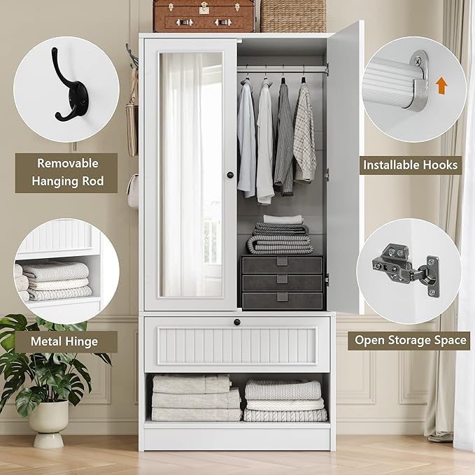 Einhomn 70" Armoire Wardrobe Closet with Doors & Mirror,Wooden Wardrobe with Drawers and 3 Side Hooks,Large Freestanding Bedroom Storage Wardrobe Cabinet,White