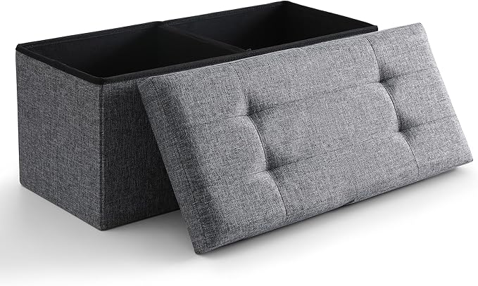Storage Ottoman Bench Foldable Seat Footrest Shoe Bench End of Bed Storage with Flipping Lid, 75L Storage Space, 30 inches Linen Fabric Dark Grey