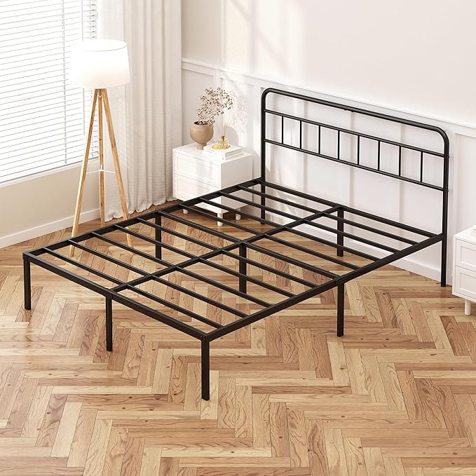 Kujielan 12 inches King Size Bed Frame with Minimalist headboard,Metal Platform Base with Strong Metal Slats,Mattress Foundation for Under Bed Storage,Easy Assembly,Black