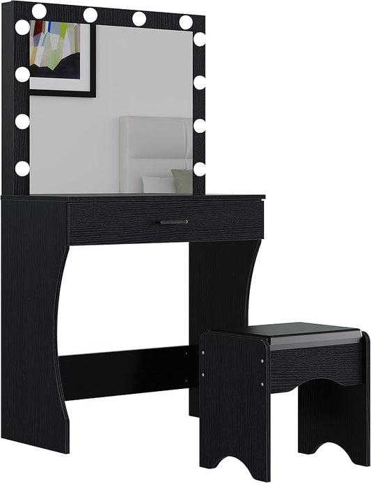 Panana Vanity Desk with Mirror and Lights, Black, Medium Size, Tabletop Mount, Makeup Vanity Table with Stool, Bedroom