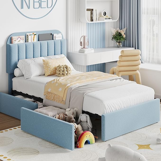 Garvee Twin Size Bed Frame with 2 Flexible Drawers, Boucle Upholstered Platform Bed Frame with Bookcase Headboard, Bedframe for Kids/Boys, Easy Assembly, No Box Spring Needed, Noise Free, Blue