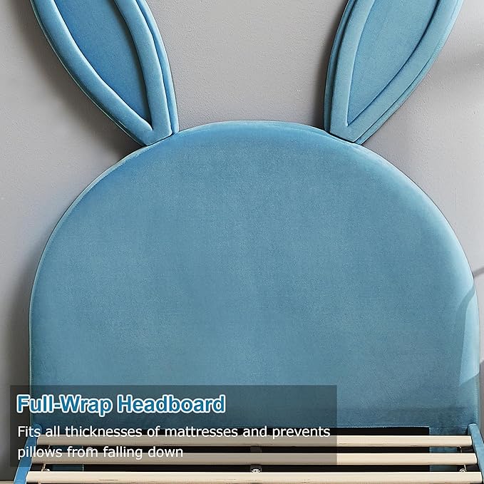 VECELO Twin Size Bed Frame with Storage Organizer, Heavy-Duty Platform with Rabbit Shaped Headboard for Girls Kids Room, Easy Assembly, Blue