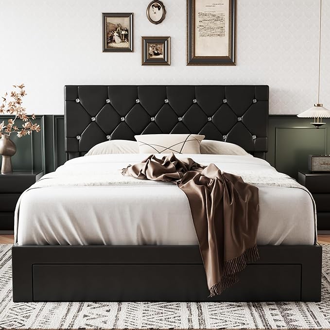 VECELO Queen Size Bed Frame with 3 Storage Drawers, Leather Upholstered with Diamond Tufted Headboard, Solid Wood Slat Support & Steel Framework, PU & Black