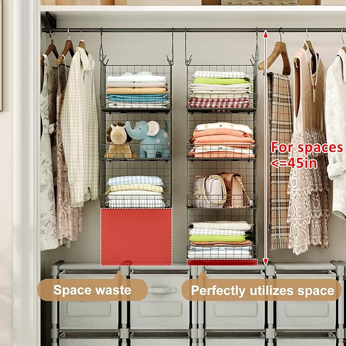4 Tier Closet Hanging Organizer, Closet Organizers and Storage with 5 S Hooks, Closet Hanging Shelves & Freestanding Wire Storage Basket Bins, for Clothing Shoes Handbags Clutches Accessories Patent