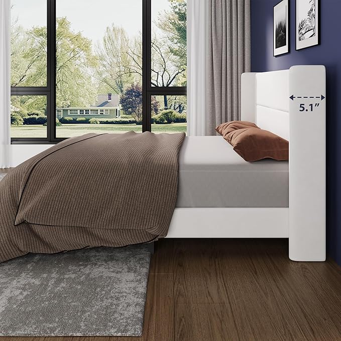 Garvee Queen Size Bed Frame with Wingback Headboard, Velvet Upholstered Platform Bedframe with Wood Slats, No Box Spring Needed, Easy Assembly, White