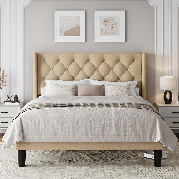 Einhomn Full Size Platform Bed Frame with Fabric Upholstered Wingback Headboard, 10" Under Bed Space, Wooden & Metal Slats Support, No Box Spring Needed, Beige