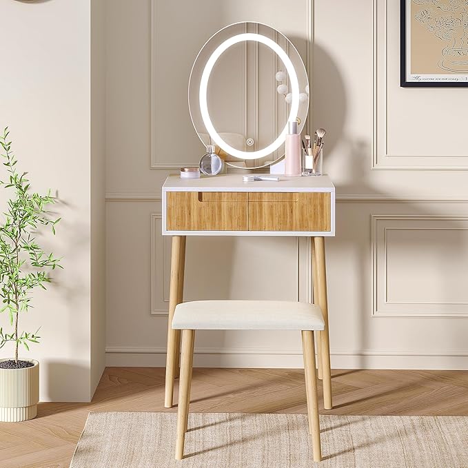 Pamapic Small Makeup Vanity Desk with Mirror and Lights, Girls Vanity with Cushioned Stool, 3 Lighting Modes Dressing Table, Compact Make Up Table with Drawers Bedroom, Natural Oak