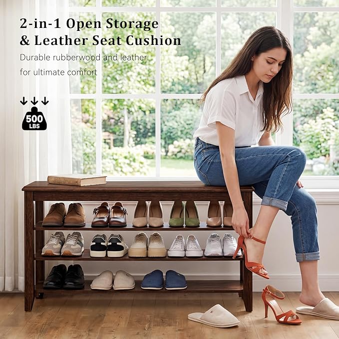 Taitiy Shoe Bench Storage Rubberwood, Entryway Bench with 3-Tiers Height Adjustable, Shoe Rack Front Door Entrance Organizer for Hallway Living Room, Mudrooms, Walnut,39.4"