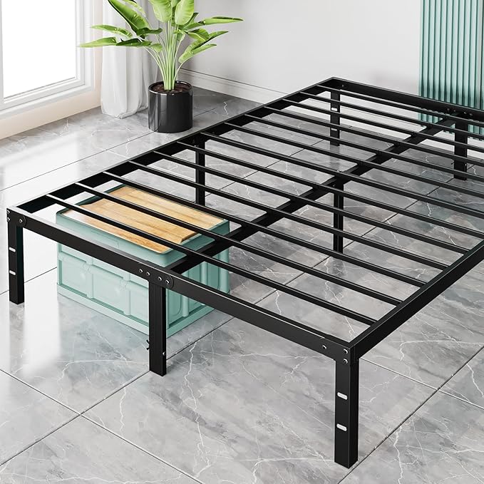 Sweetcrispy King Bed Frame - Heavy Duty No Box Spring Needed Metal Platform Bedroom Frames with Storage Space, 14 Inches High, Sturdy Steel Slat Support, Black