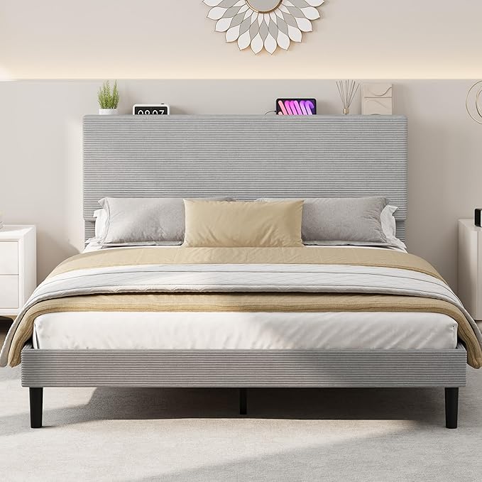 IDEALHOUSE Queen Bed Frame, Platform Bed with Adjustable Corduroy Upholstered Storage Headboard and Charging Station, Sturdy Metal Support, Noise Free, Easy Assembly, Gray