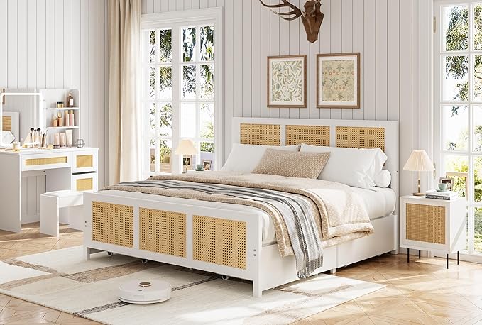 IDEALHOUSE Rattan Bed Frame with Storage Drawers, Boho Queen Led Bed Frame with Strong Metal Slats Support, No Box Spring Needed, Noise-Free Design, White