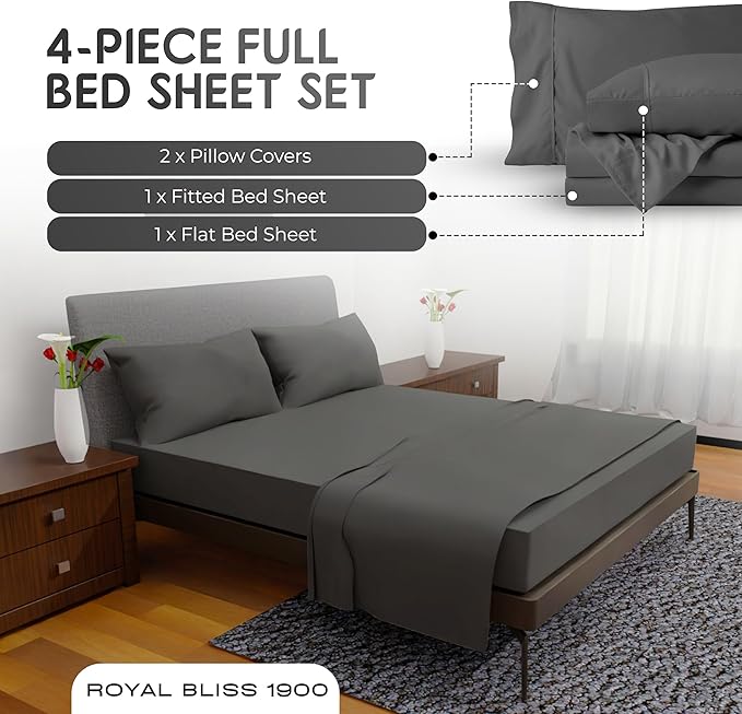 Full Size Bed Sheets – 4Pcs Bed Sheets Full Size Set, Deep Pocket, Double Brushed Microfiber, Fade Resistant, Soft & Breathable for Cozy and Comfortable Sleep(Dark Grey)