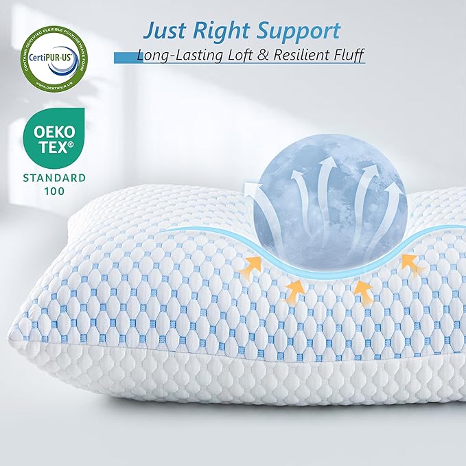 UYWO Cooling Firm Bed Pillows Set of 2, Shredded Memory Foam Pillows for Sleeping Luxury Gel Pillows for Side Back Stomach Sleepers with Removable Washable Cover(Blue, King(U.S. Standard))