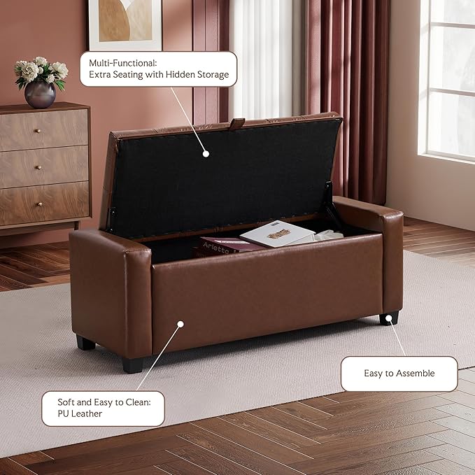 GRAINELL Storage Ottoman Bench, Upholstered Tufted Bedroom Bench with Storage, End of Bed Storage Bench for Living Room & Entryway, 350 lb Capacity, Leather Brown