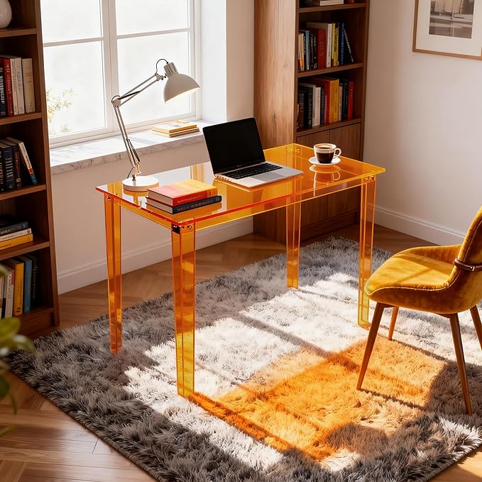 Acrylic Desk, Clear Modern Writing Table for Home Office (Orange, Nomal)