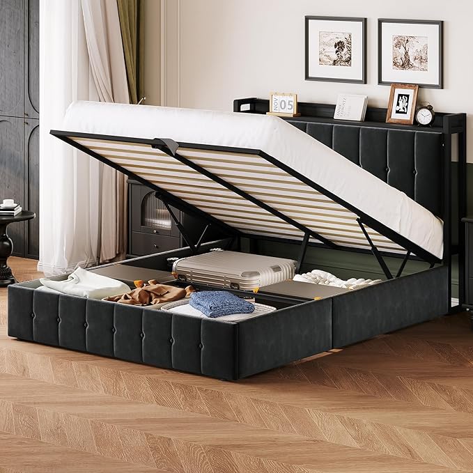 Garvee Full Size Lift Up Storage Bed, Upholstered Velvet Bed Frame with Storage Headboard, Metal Platform Bed, No Box Spring Needed, Solid Wooden Slats, Noise Free, Black