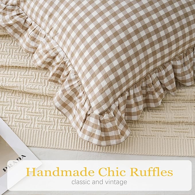 2 Pack Taupe/Brown Plaid Ruffle Throw Pillow Covers Farmhouse Checkered Chic Washed Cotton Pillowcases Gingham Pillow Shams for Bed, Sofa, Living Room-20"x20" Brown