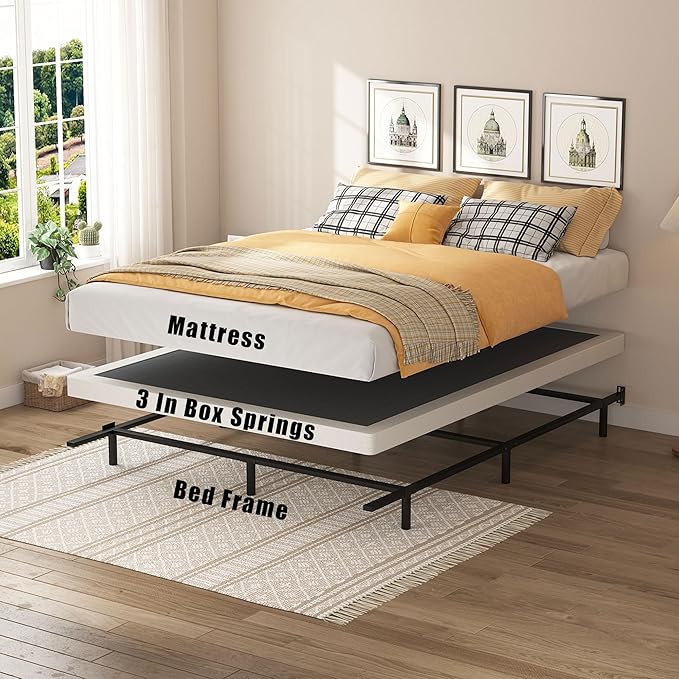 SHOANED Queen Size Box Springs - 3 Inch Low Profile Mattress Foundation No Noise Heavy Duty Metal Basics Bed Base with Clean Fabric Cover, Easy Assembly