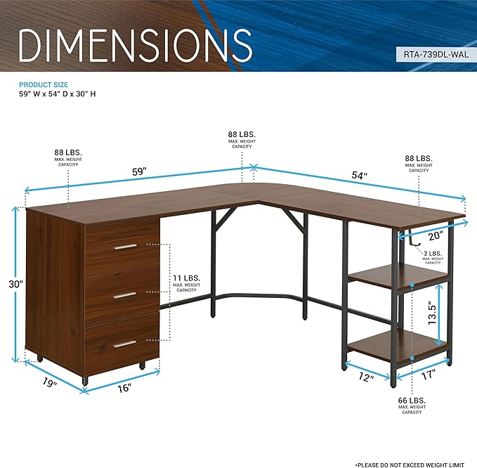 Techni Mobili L Shaped Desk - Two-Toned Computer Desk with Drawers & Storage Shelves - Simple Modern Furniture & Home Office Space Corner Table for Work & Writing