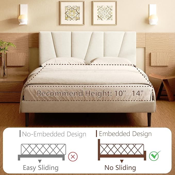Full Size Bed Frame, Linen Upholstered Platform Bed with Headboard, Strong Wooden Slats Support, Noise-Free Mattress Foundation, No Box Spring Needed, Easy Assembly, Beige