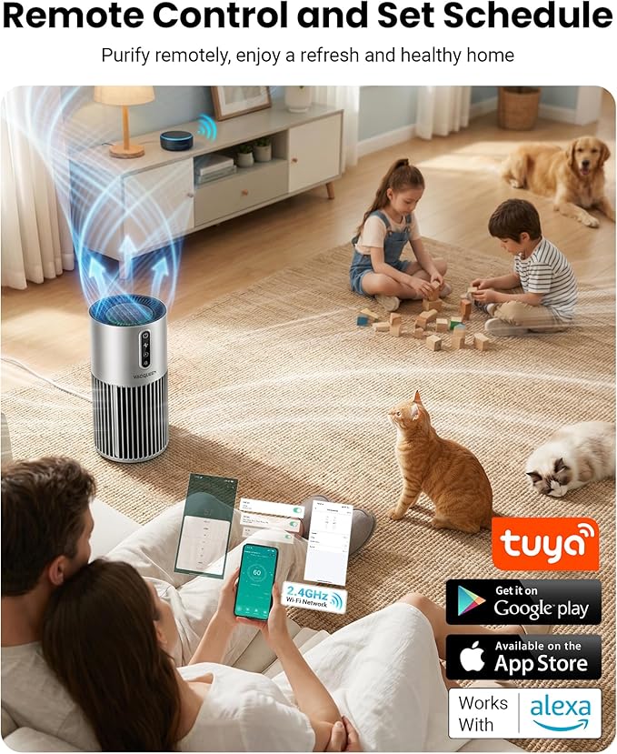 Smart Air Purifiers for Bedroom Home with Timer and Schedule, Cover 2200 Ft²and Quiet Sleep Mode, Washable Pre-Filter, WiFi HEPA Air Purifier For Remove Home Pets Odors, Smoke, Dust (Sliver)