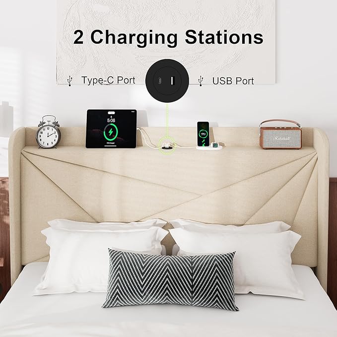 Feonase Full Size Bed Frame with Charging Station, Upholstered Linen Bedframe with Wingback Headboard, Solid Wood Slats Support, Noise Free, No Box Spring Needed, Beige