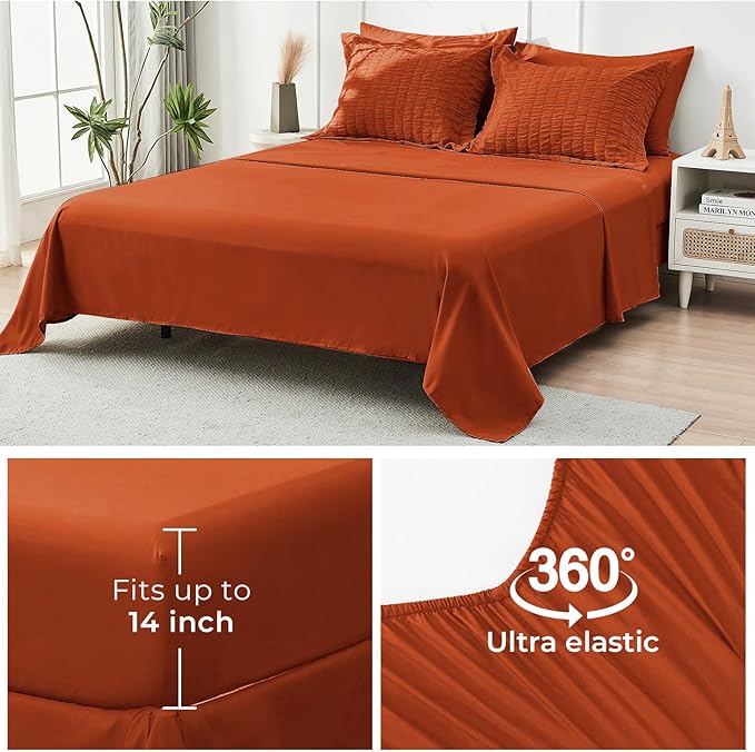 HYMOKEGE Burnt Orange Twin Comforter Set Seersucker 5 Pieces, All Season Luxury Bed in a Bag for Bedroom, Bedding Set with Comforters, Sheets, Pillowcase & Sham