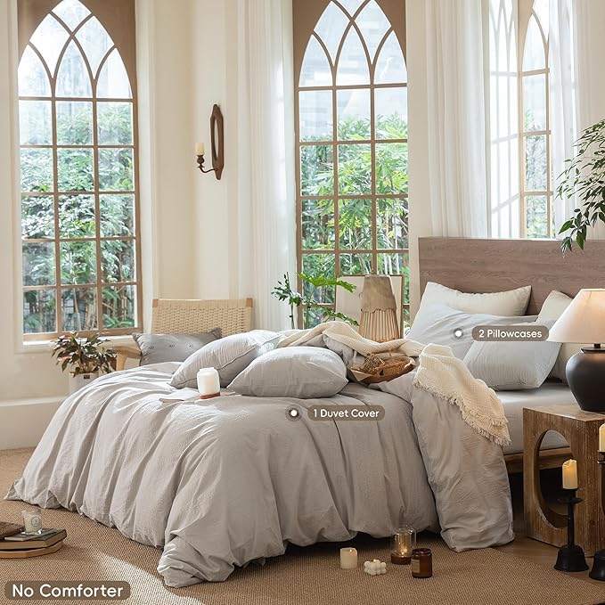 MooMee Wavy Striped Duvet Cover Set 100% Washed Cotton Linen Like Textured Breathable Durable Soft Comfy (Light Grey, Super Queen 90"x98")