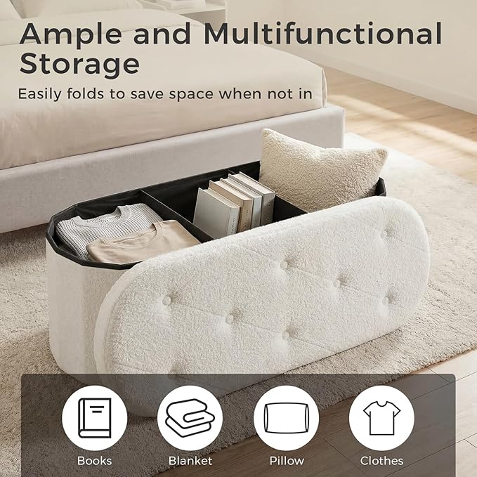 DUMOS Folding Storage Ottoman Bench, Oval Round Ottoman End of Bed Foot Rest Bench Stool with Cushion, Storage Chest for Bedroom, Living Room, Entryway, Dorm, Teddy Fabric, White