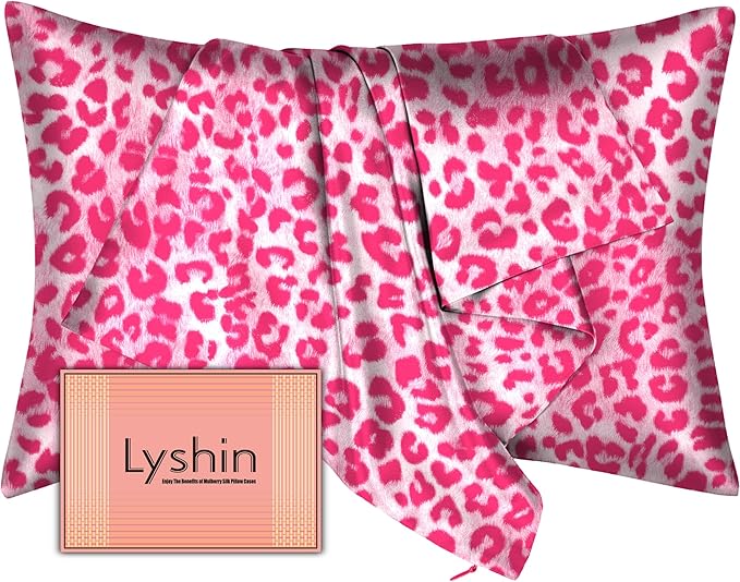 Silk Pillow Cases Queen Size with Hidden Zipper, Mulberry Silk Pillowcase for Hair and Skin, Smooth and Soft Breathable Cooling Silk Satin Pillow Covers for Sleeping, Gifts for Women, Leopard Pink