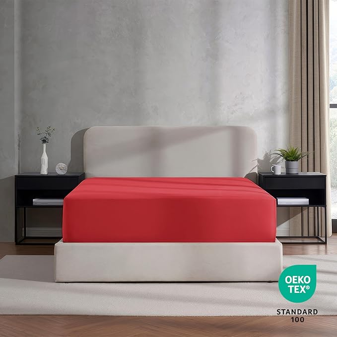 Nestl 2 Pack Red Fitted Sheet Extra Deep Pocket, Hotel Luxury Cal King Fitted Sheet Only Easily Fits 18 to 24 Inch Mattress, Super Soft, Wrinkle-Free and Breathable with Corner Straps