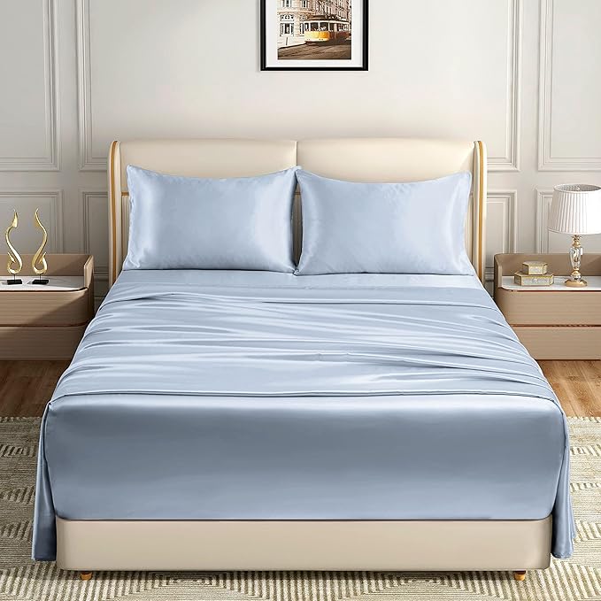 Homiest 4pcs Extra Deep Pocket King Size Bed Sheets, 18-24 Inch Deep Pocket, Baby Blue Satin Sheet Set, Luxury Fitted Sheet Set Fits Ultra Deep Mattress