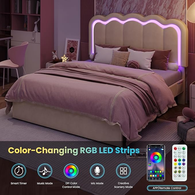 SHA CERLIN Upholstered Queen Size Bed Frame with LED Lights and Large Storage Drawer, Velvet Platform Bed with Adjustable Wavy Headboard, Noise Free, Easy Assembly, No Box Spring Needed, Soft Cream