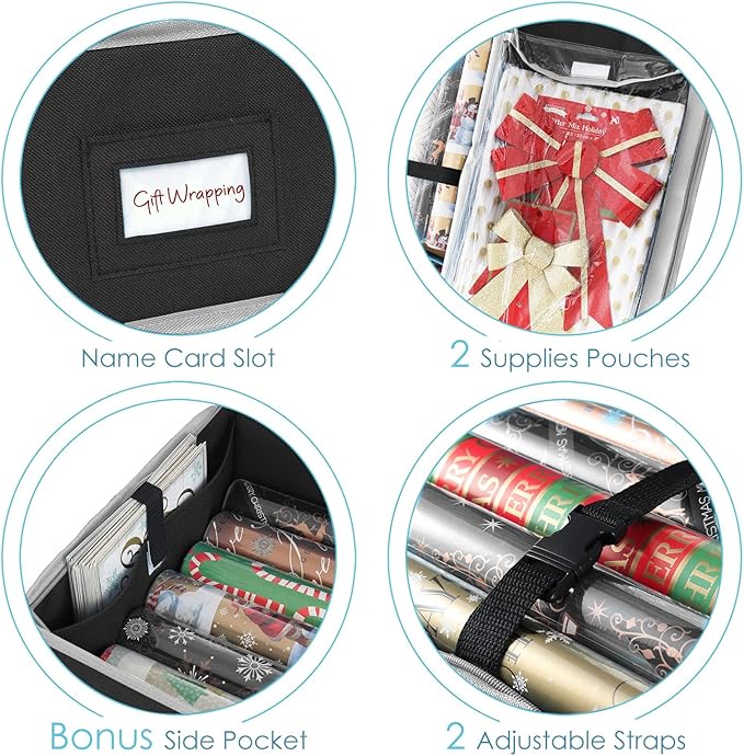 Hearth & Harbor Wrapping Paper Storage Container - Christmas Storage Bag with Interior Pockets - Gift Wrapping Organizer Storage Fits Up to 22 Rolls of 40" - Tear Proof Wrapping Paper Organizer