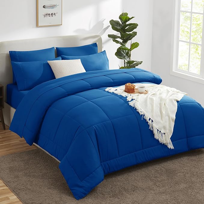 CozyLux Queen Comforter Set Classic Blue, 7 Pieces Bed in a Bag, Blue Comforters Queen Size, All Season Bedding Sets with Stitch Quilted Comforter, Flat Sheet, Fitted Sheet, Pillowcases