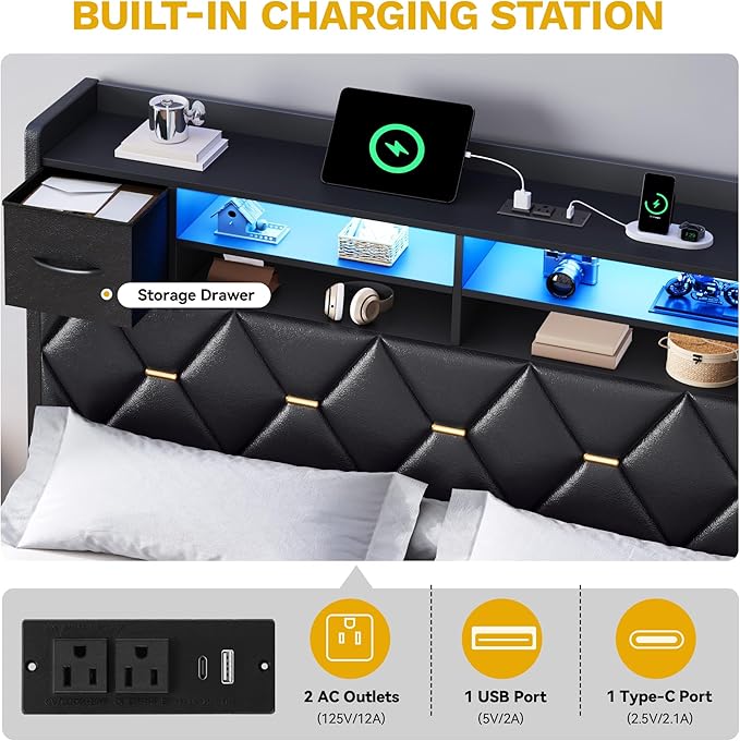 YITAHOME King Size Bed Frame with 2 Storage Drawers and Storage Headboard, Upholstered Platform with Charging Station and LED Light, No Box Spring Needed, Noise Free, Easy Assembly, PU Leather Black